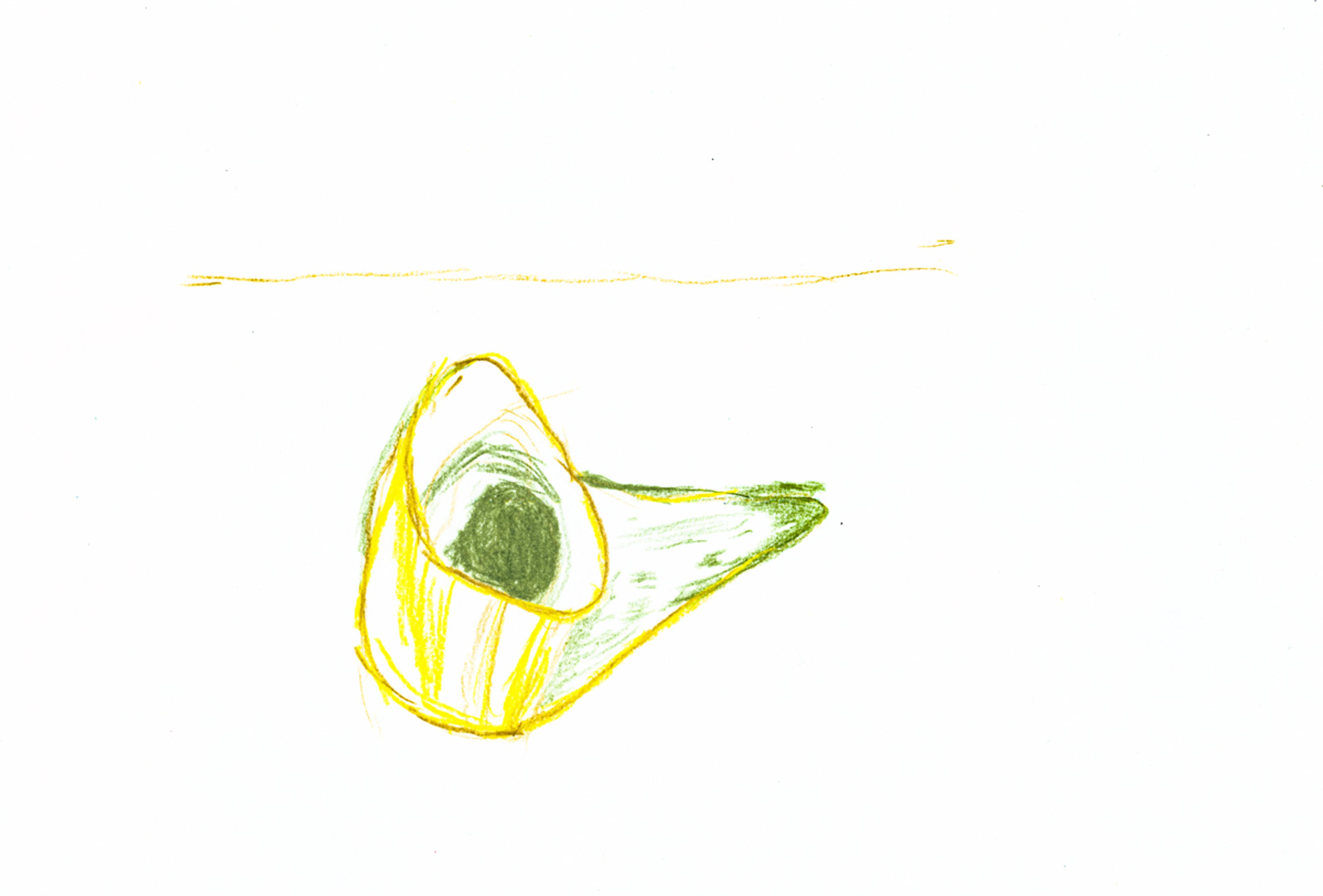 green and yellow pencil drawing of a cow's horn