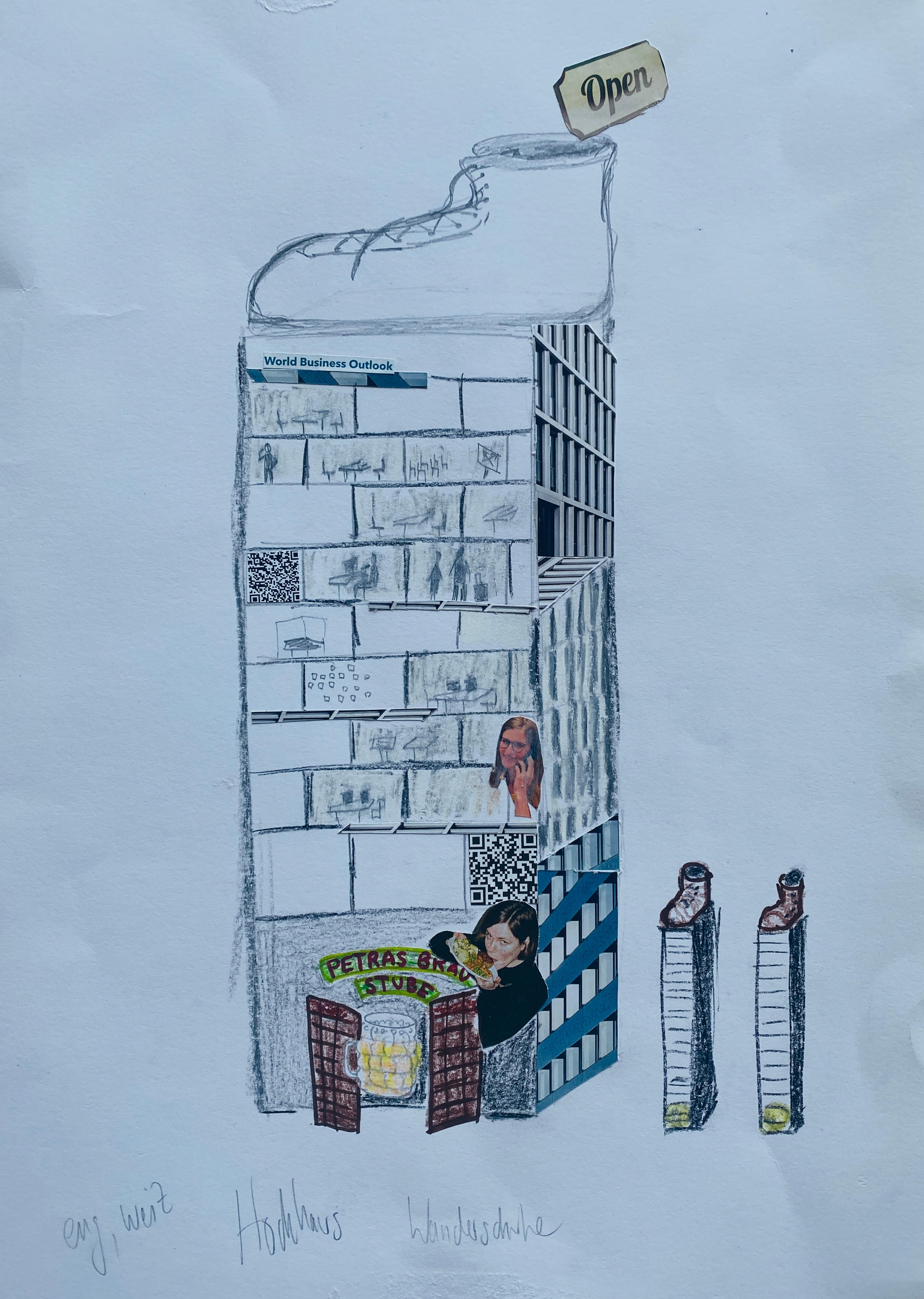 A hand-drawing and collage showing a tower with a shoe on the roof.