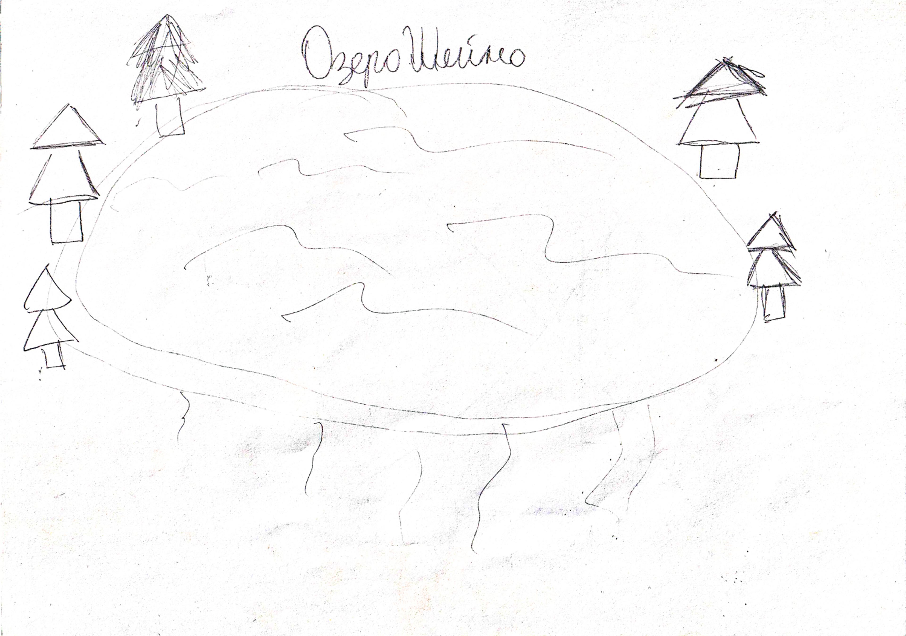 pencil drawing of a lake and pine trees around it