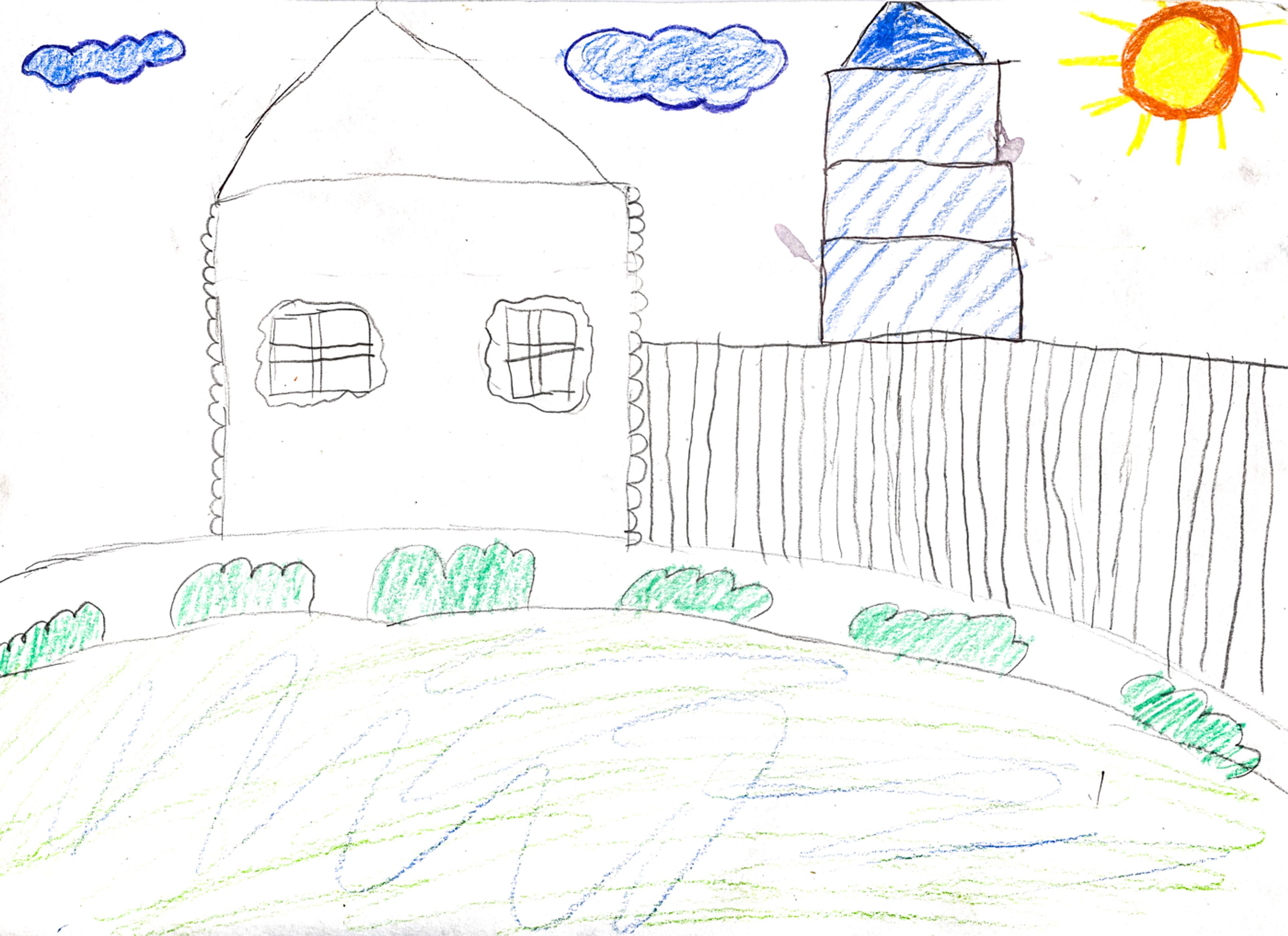 Childish colour pencil drawing of a house, fence, church tower clods and the sun