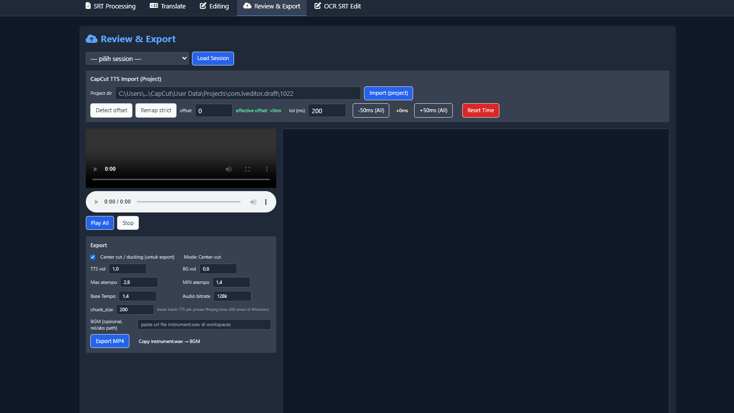 VoxFlow Studio review and export workspace with timing tools