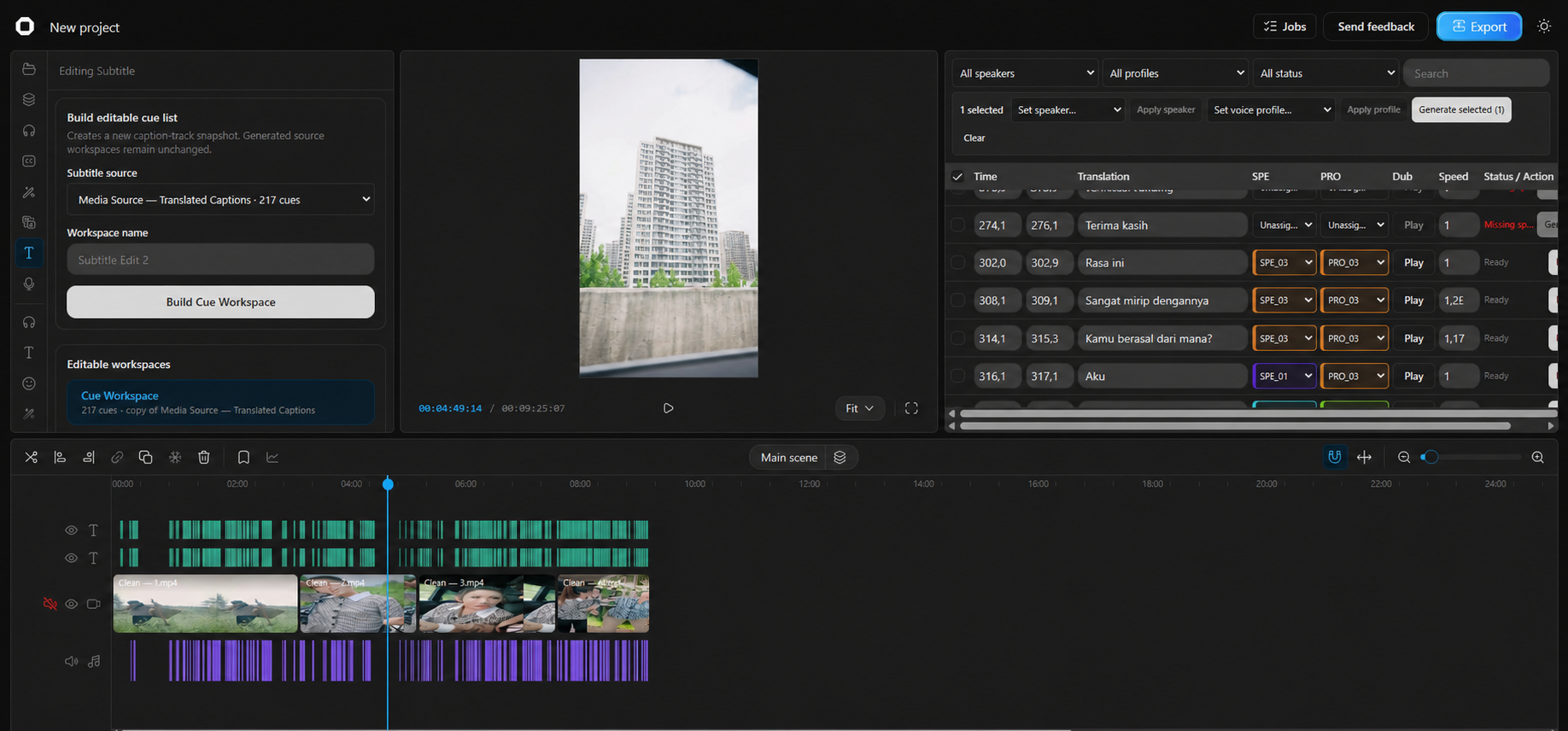 Anonymized local subtitle cue workspace with media preview, speaker assignment, timing controls, and timeline