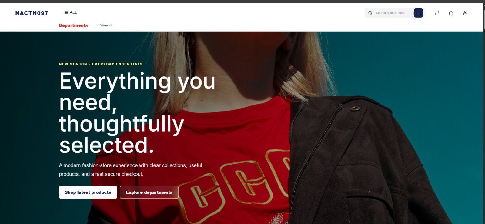 NacthCommerce storefront hero with product search, department navigation, and editorial commerce layout