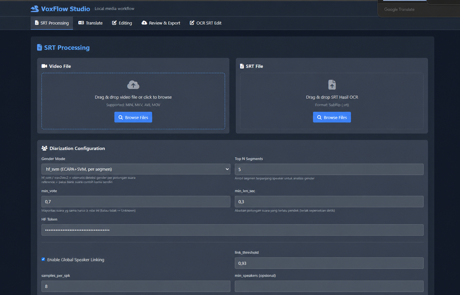 VoxFlow Studio SRT processing interface with source upload and diarization settings