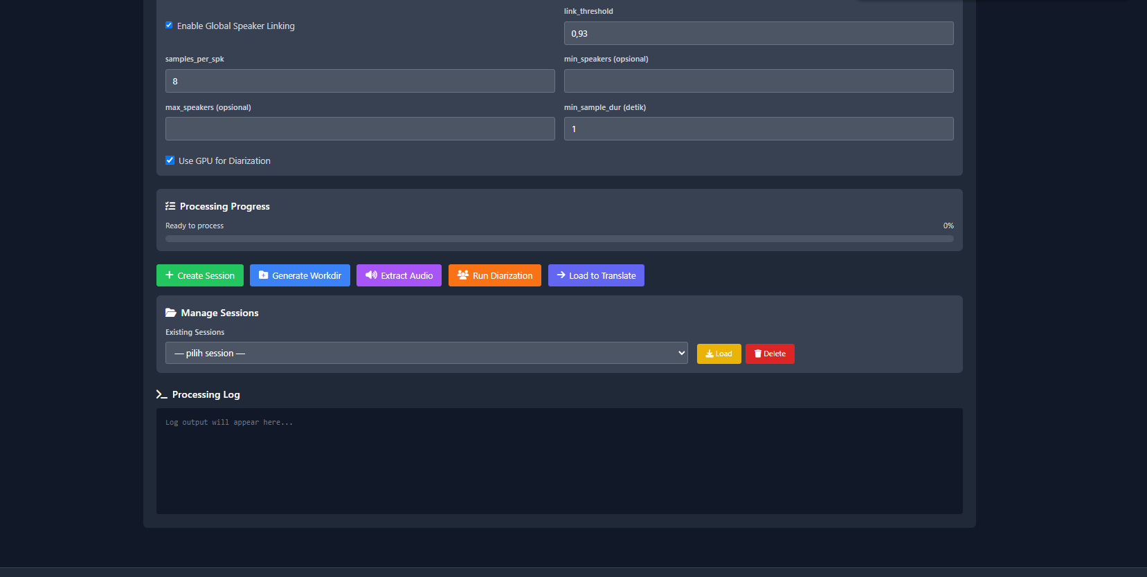 VoxFlow Studio diarization progress, session controls, and processing log