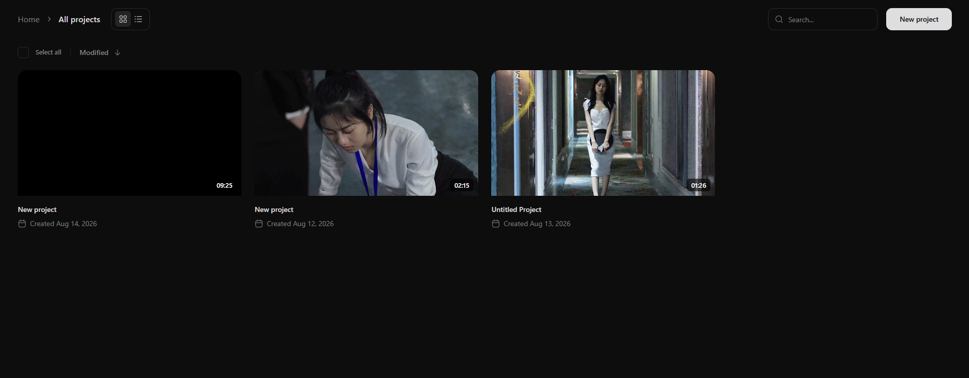 Local video project library with editing project cards and media durations