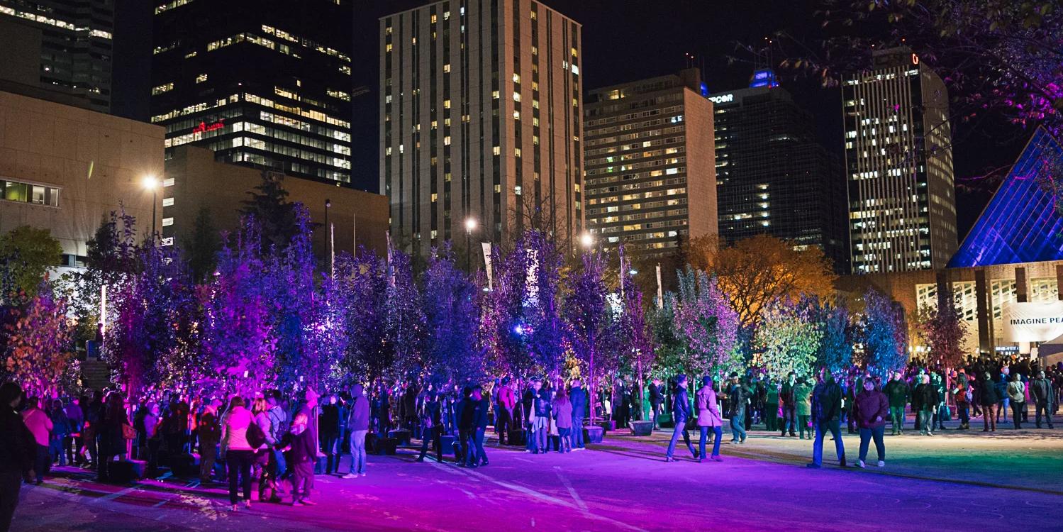 downtown edmonton lit up at night with purple lights