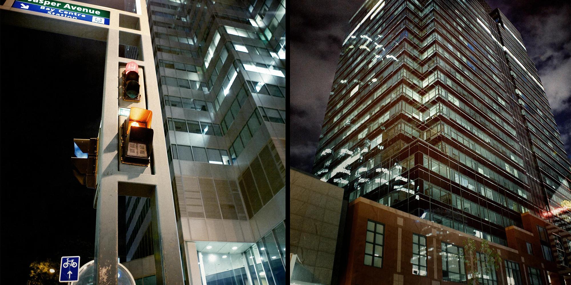 night photo of buildings in downtown Edmonton