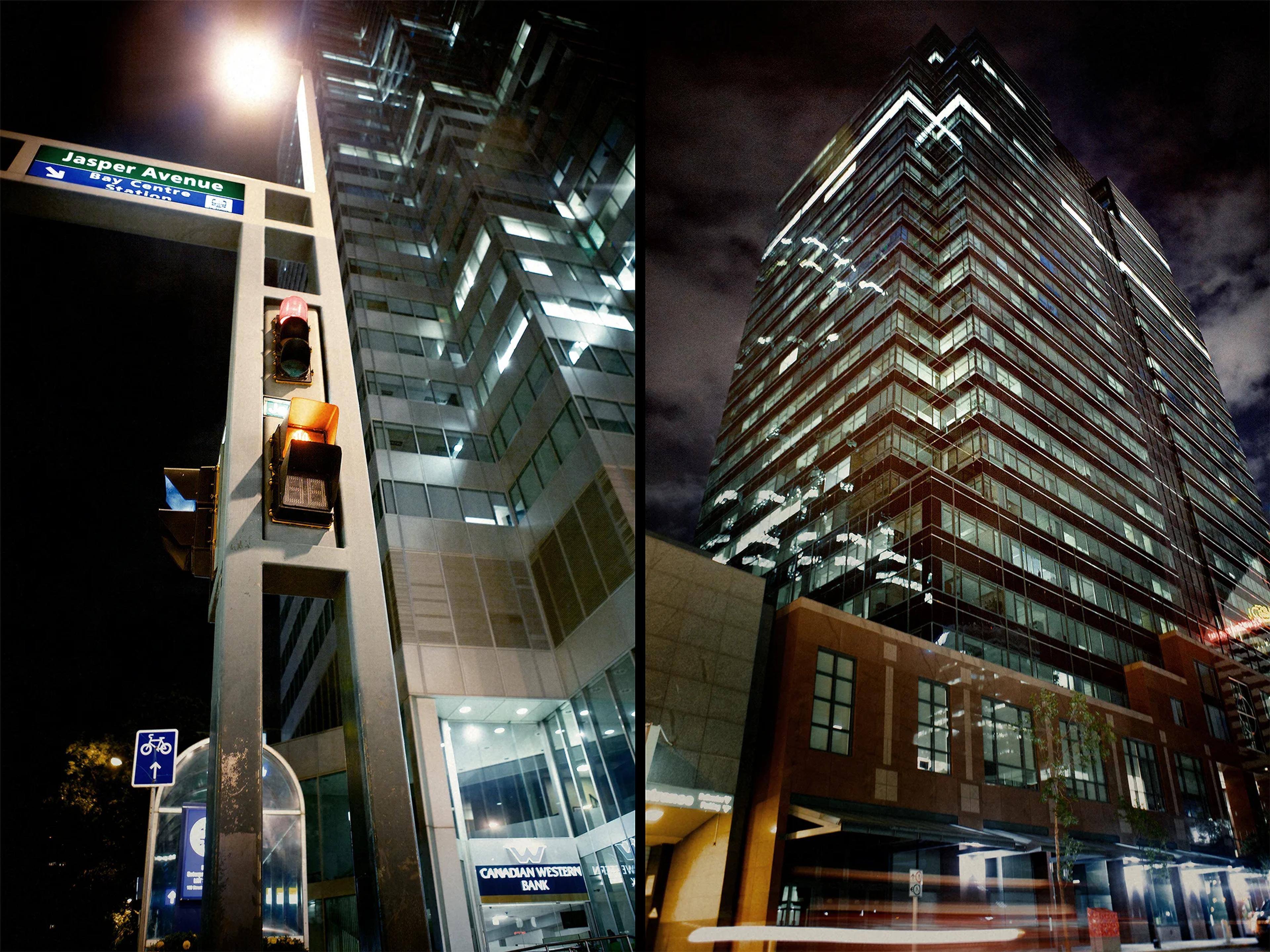 night photo of buildings in downtown Edmonton