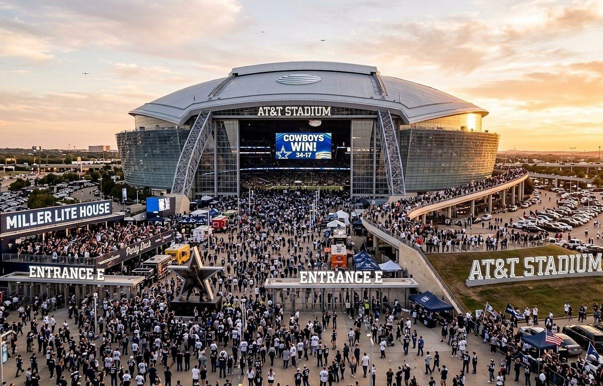 Bên trong sân vận động Dallas với màn hình lớn và không gian hiện đại