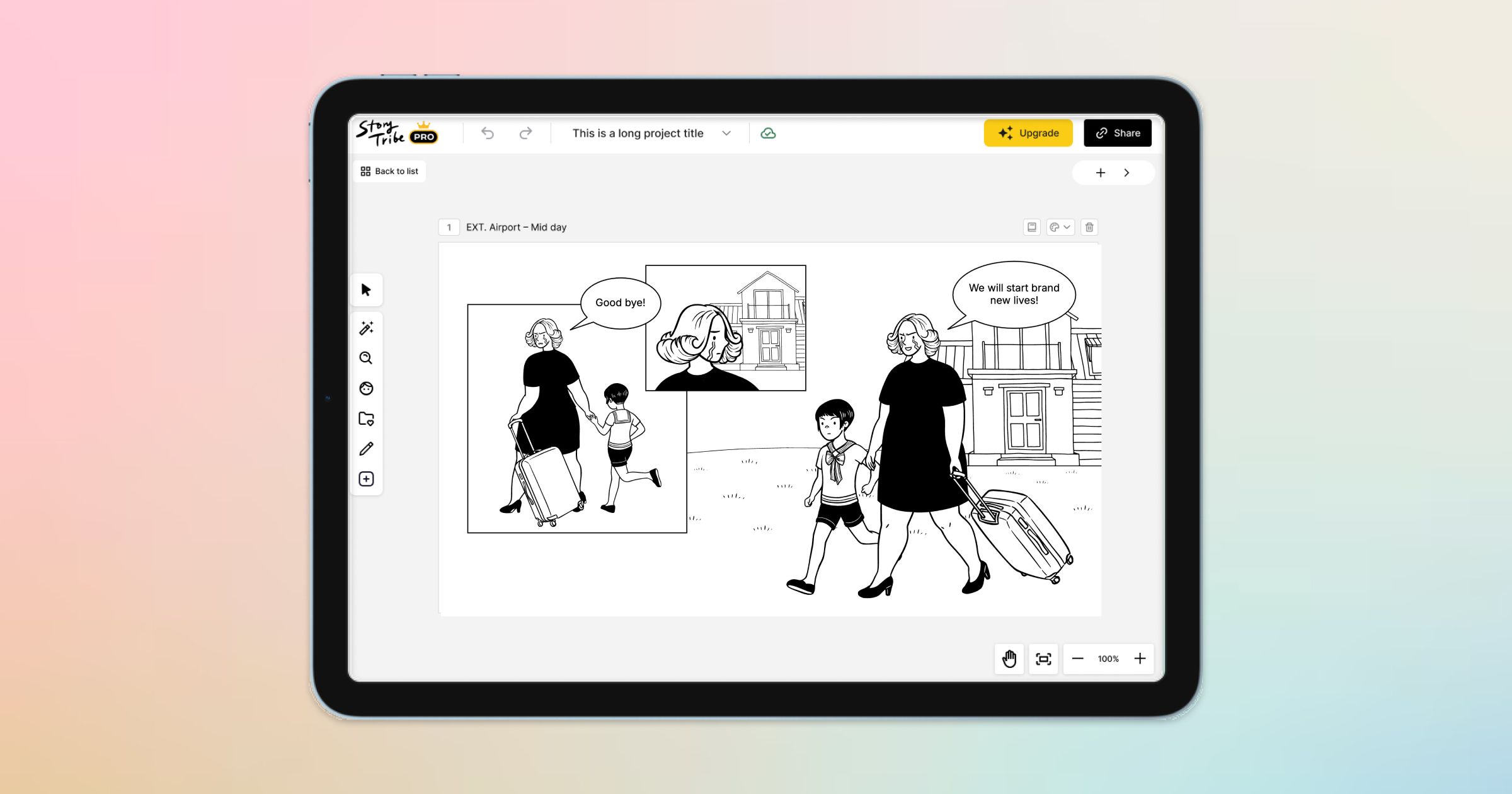 StoryTribe editor shown on a tablet, highlighting upcoming tablet mode support.