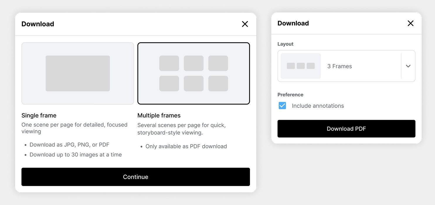 UI for downloading storyboard with script and annotations
