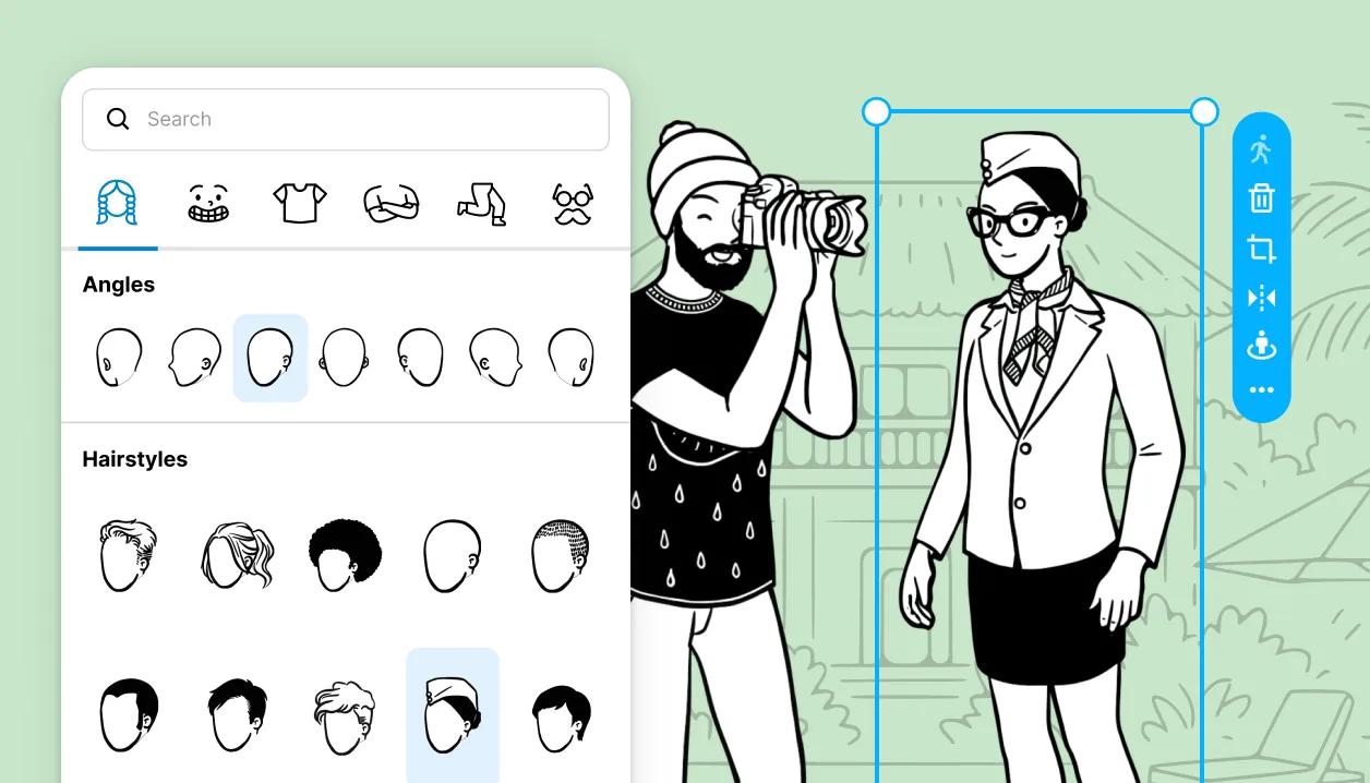 The character editor with angles and hairstyles beside two characters