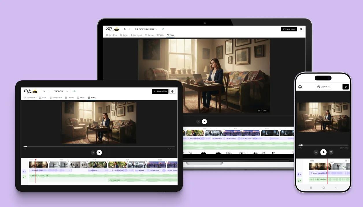 The video editor open on a laptop, a tablet and a phone