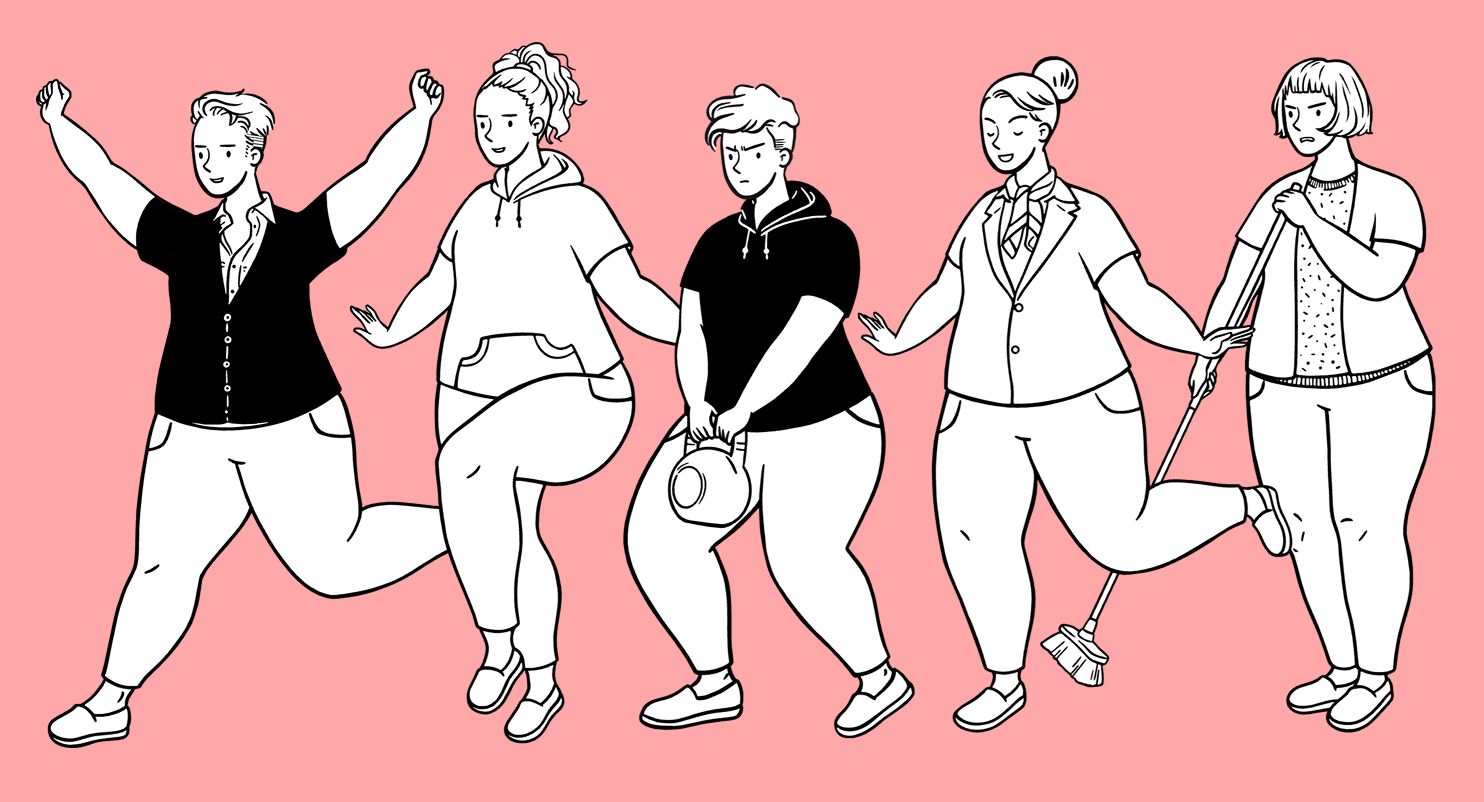 Illustration showcasing StoryTribe’s plus-size adult characters in diverse poses and outfits.