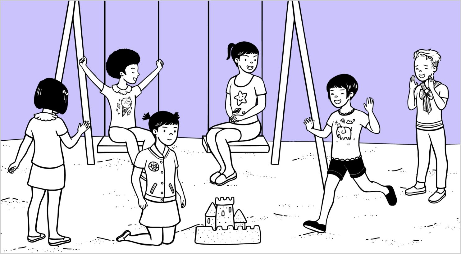 Illustration showcasing StoryTribe’s child characters playing together at a playground.