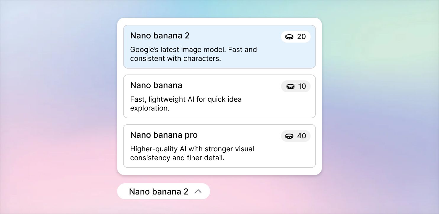 UI of StoryTribe AI model selection panel showing Nano Banana 2, Nano Banana, and Nano Banana Pro with their credit costs.