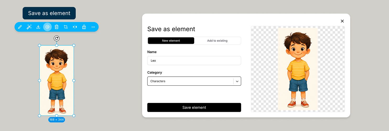 UI of saving asset as element from canvas