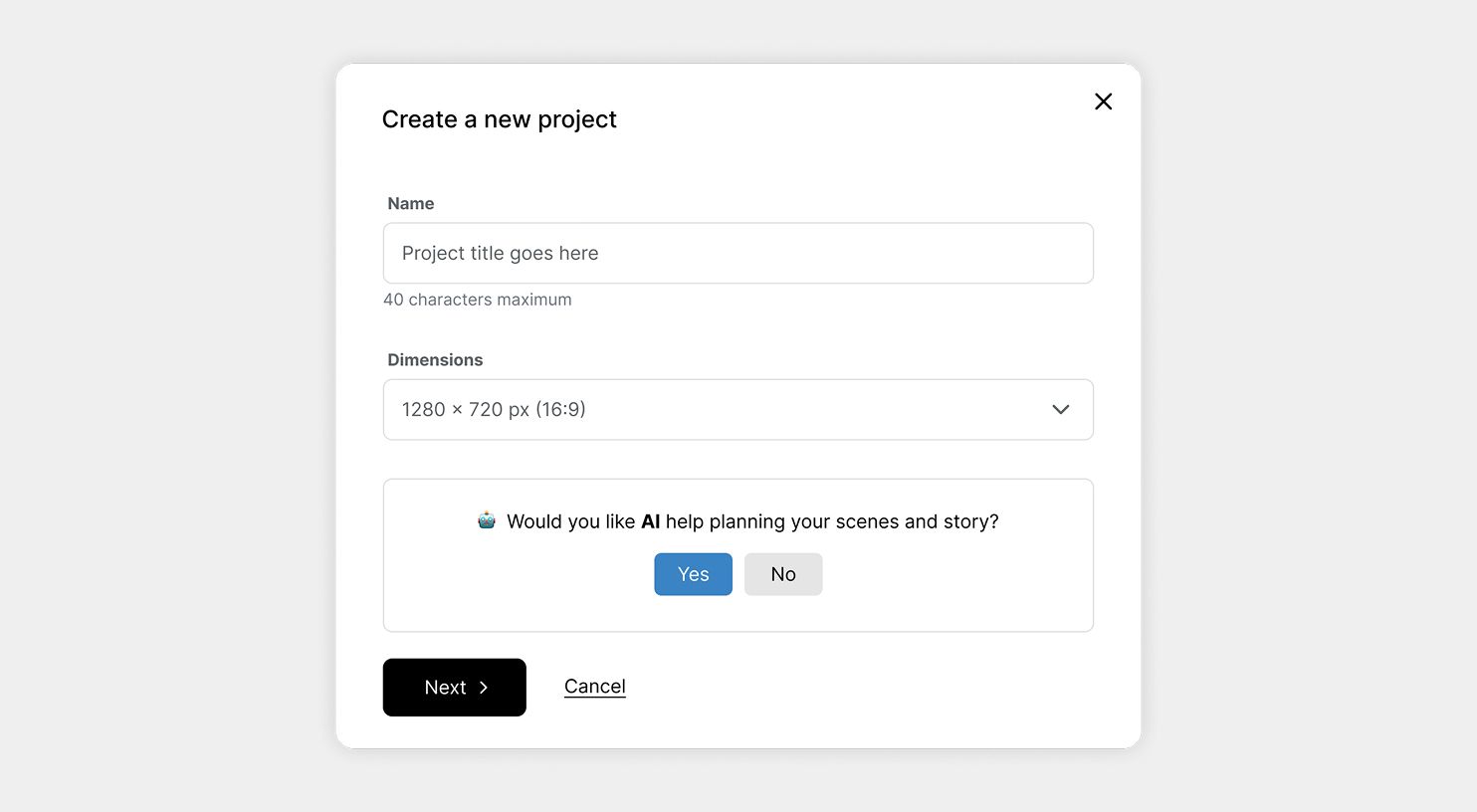 UI for creating a new project 