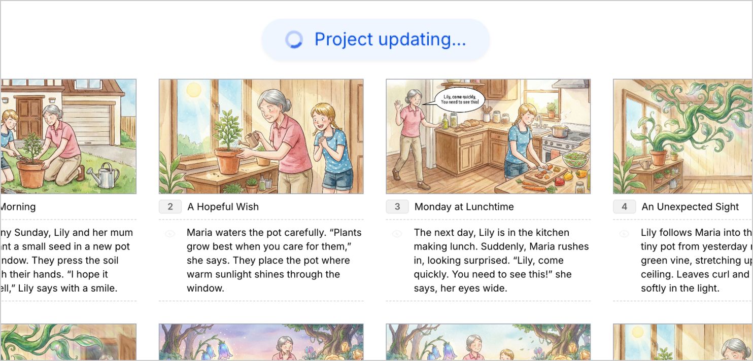 StoryTribe storyboard project page showing multiple illustrated scenes while the project updates and syncs.