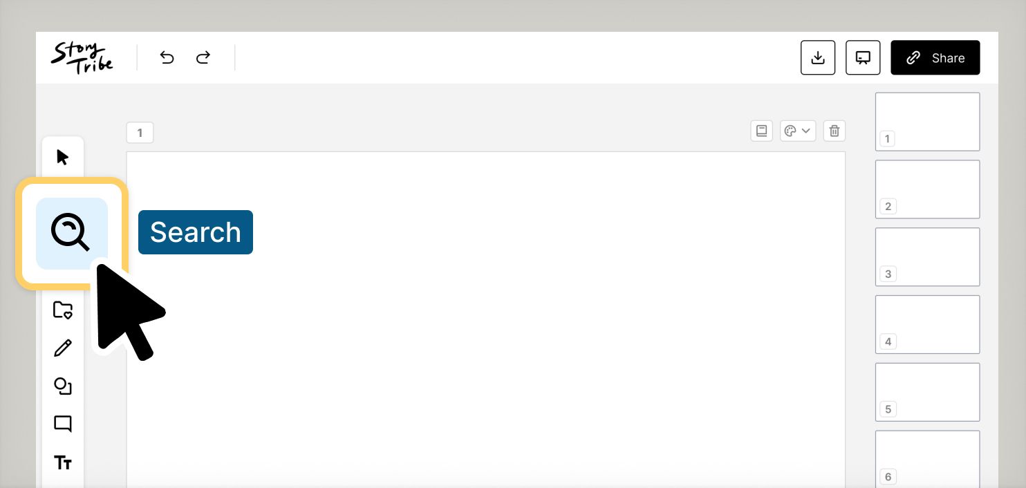 UI for Search option in the StoryTribe editor toolbar.