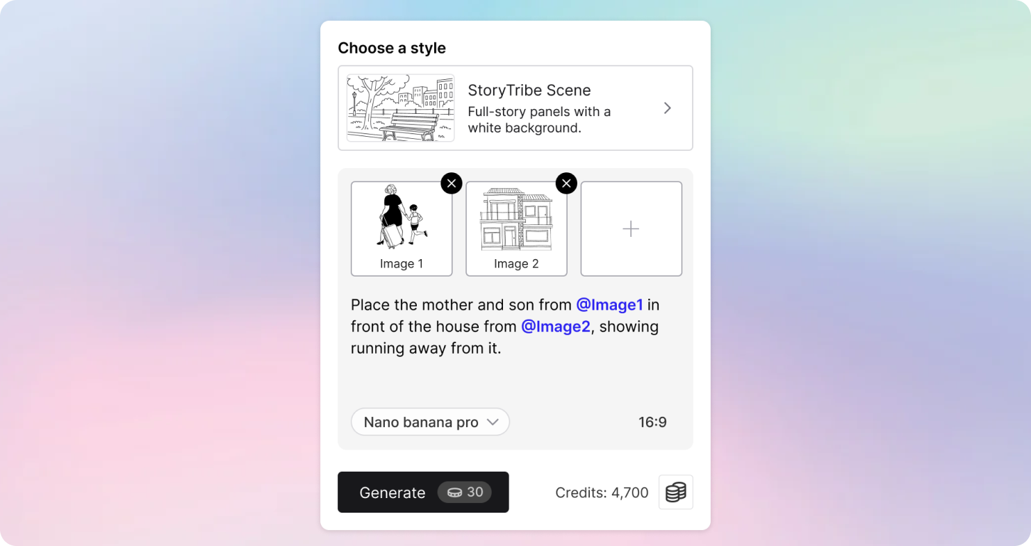 UI of Tribe AI with a prompt input box ,selected images, style selector, and Generate button.