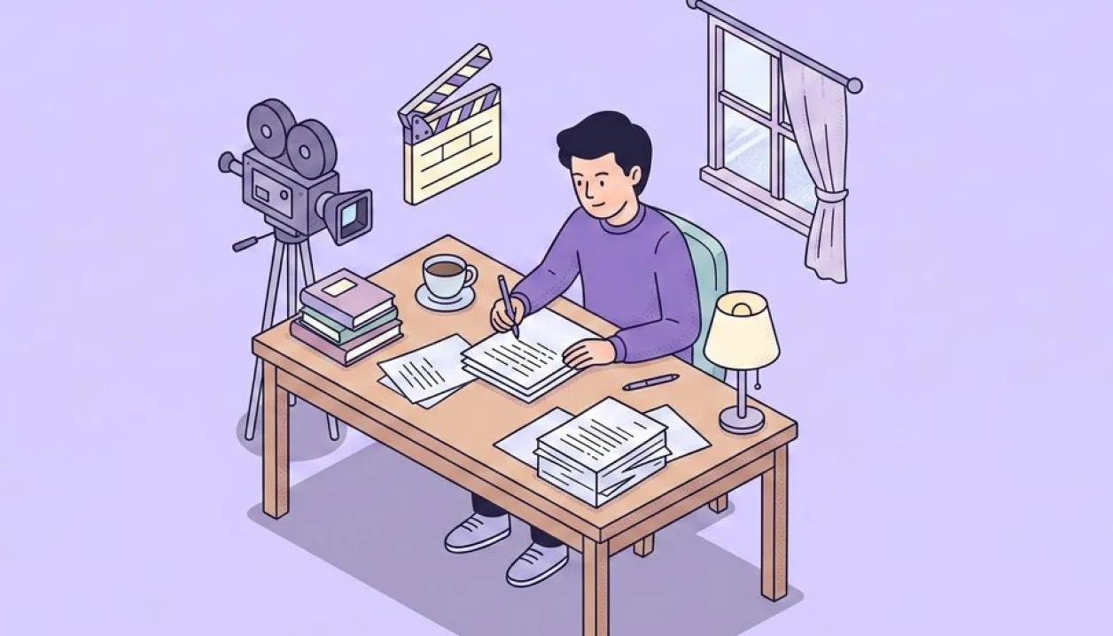 An illustrated screenwriter at a desk with a film camera and clapperboard