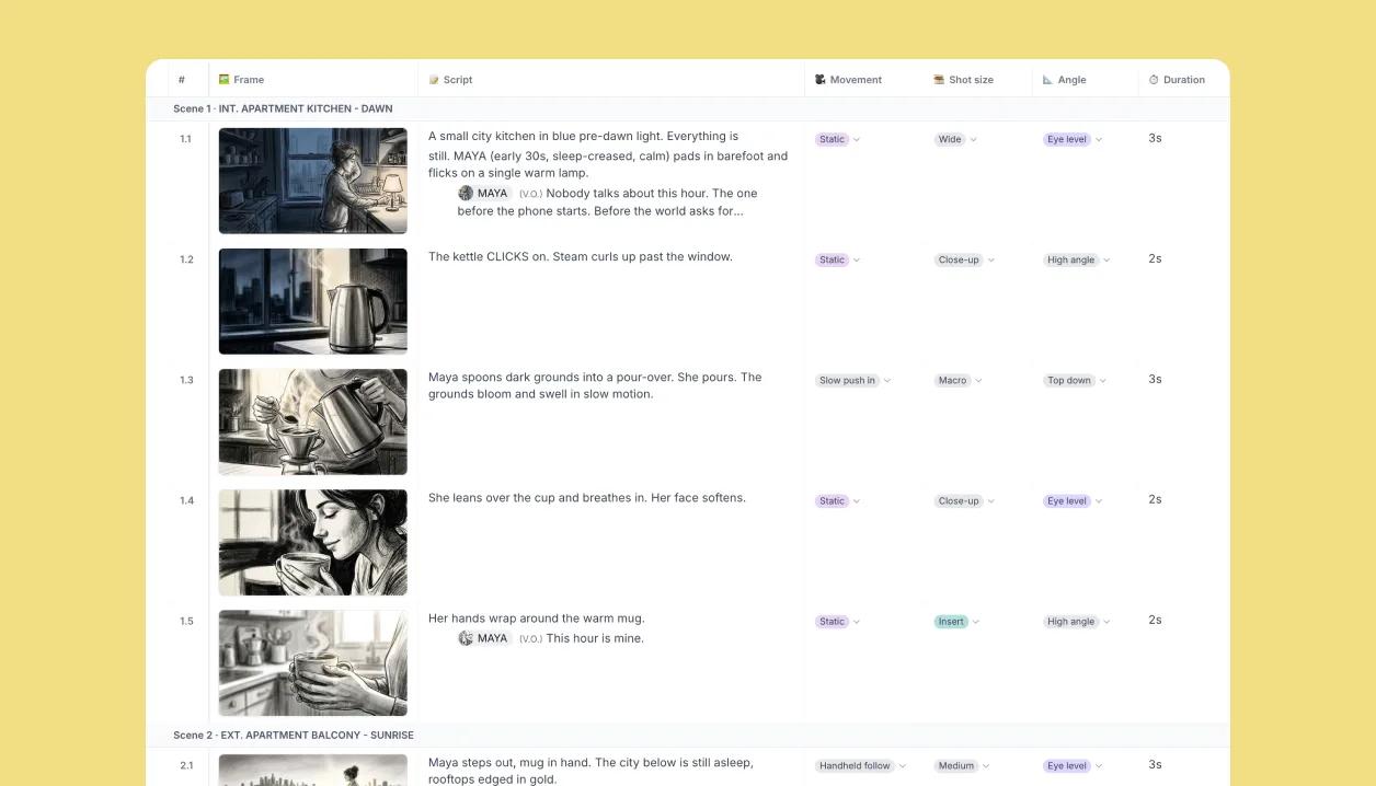 The shot list as a table with frame, script, movement, shot size, angle and duration columns