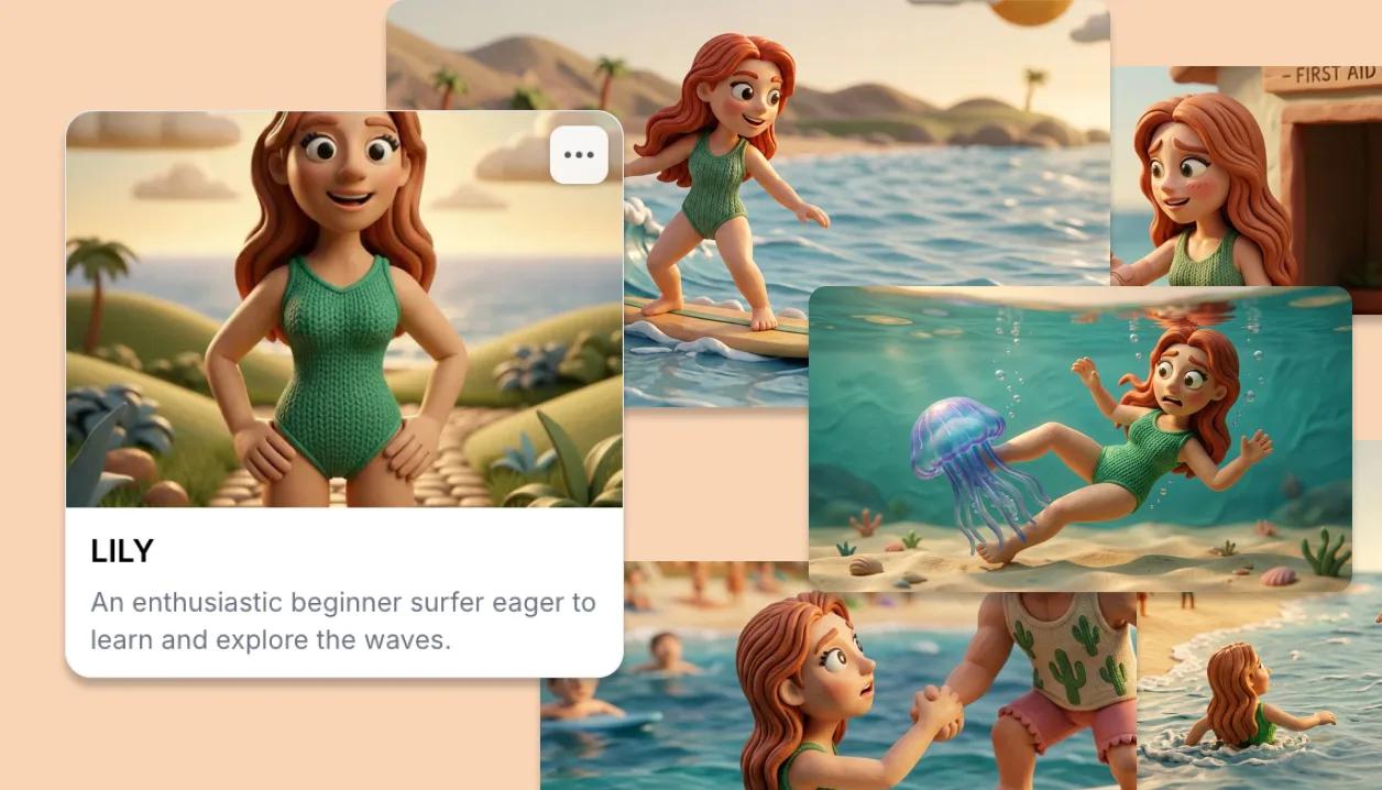 Consistent AI-generated illustration and a character element