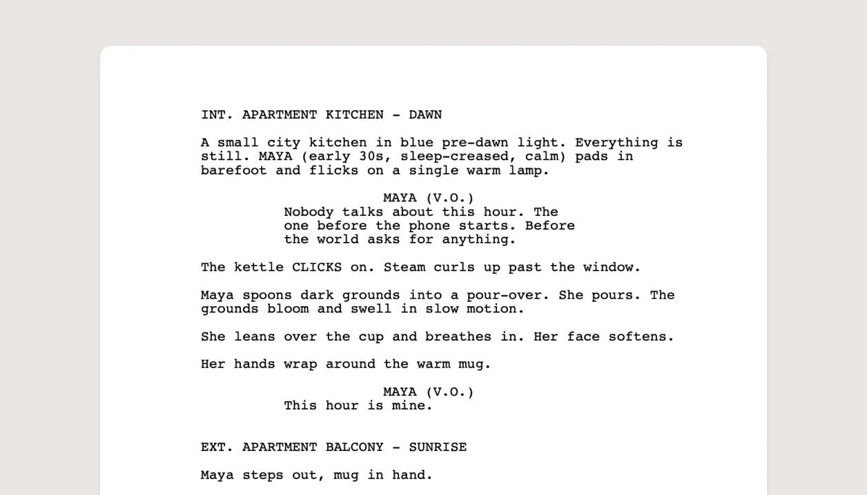 A screenplay page formatted for export