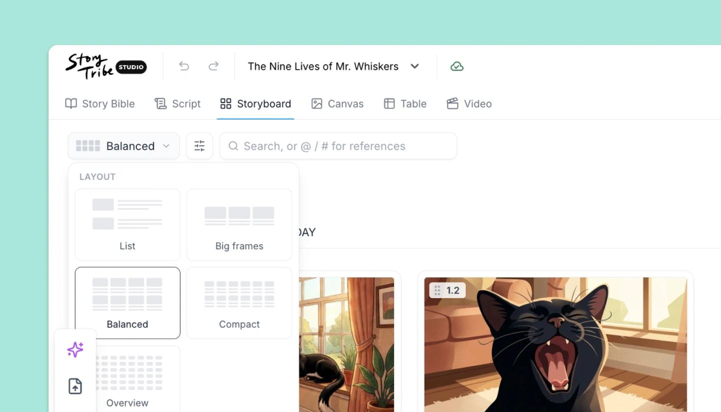 Storyboard layout menu