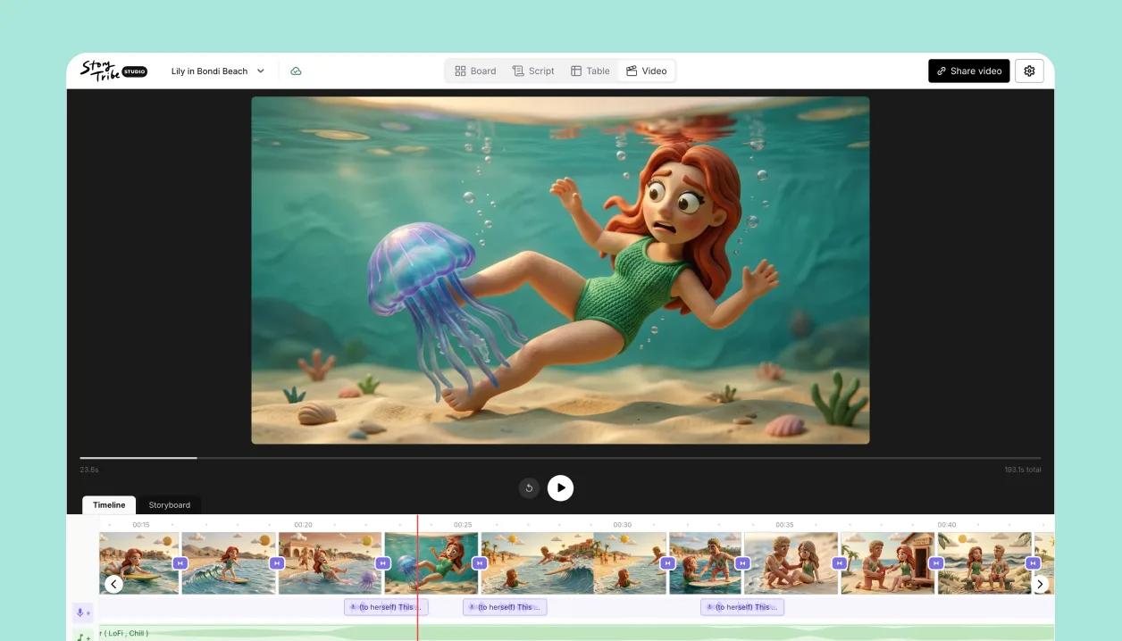 Animated storyboard playback preview in video editor