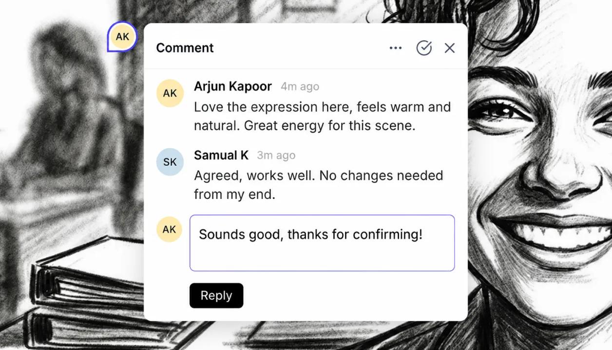 A comment thread pinned to a sketched frame