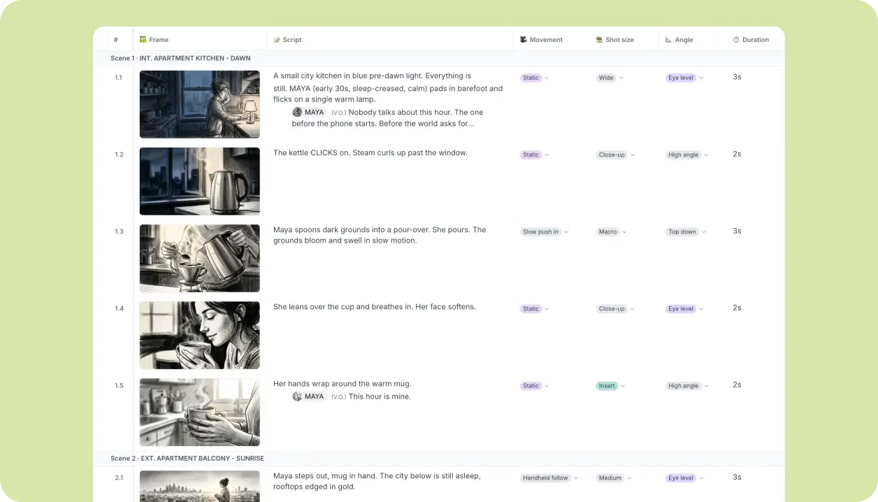 Spreadsheet-style shot list interface