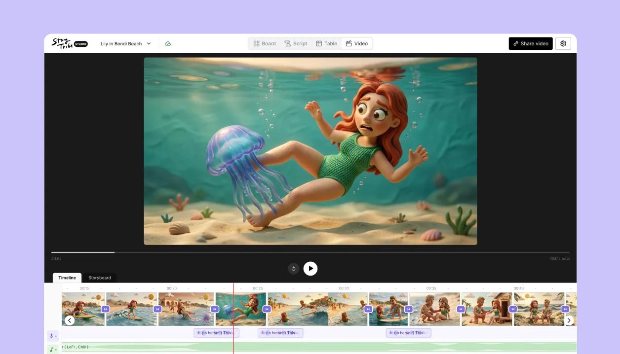 The Video view playing an animatic with a Share video button
