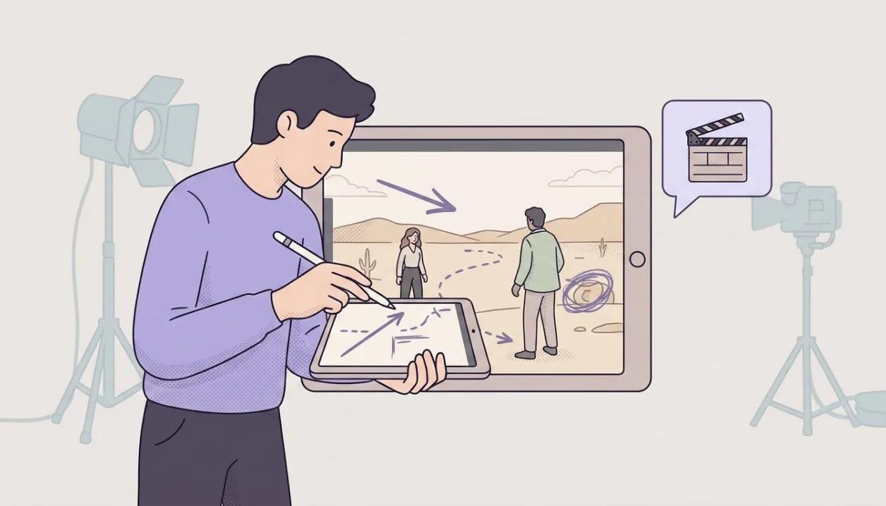 A director sketches arrows and movement lines over a frame on a tablet