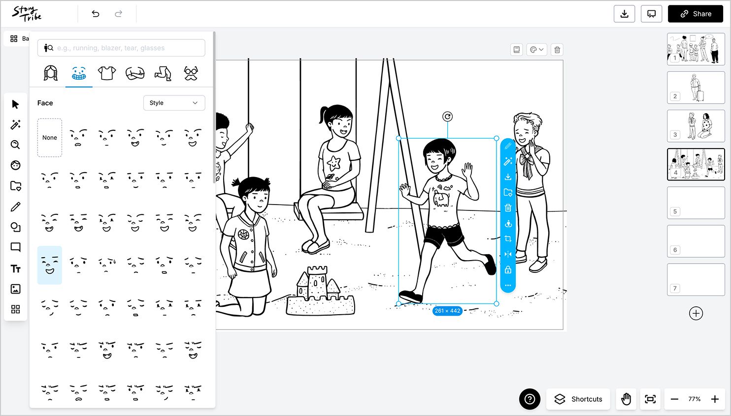 UI of Customising child characters in storytribe