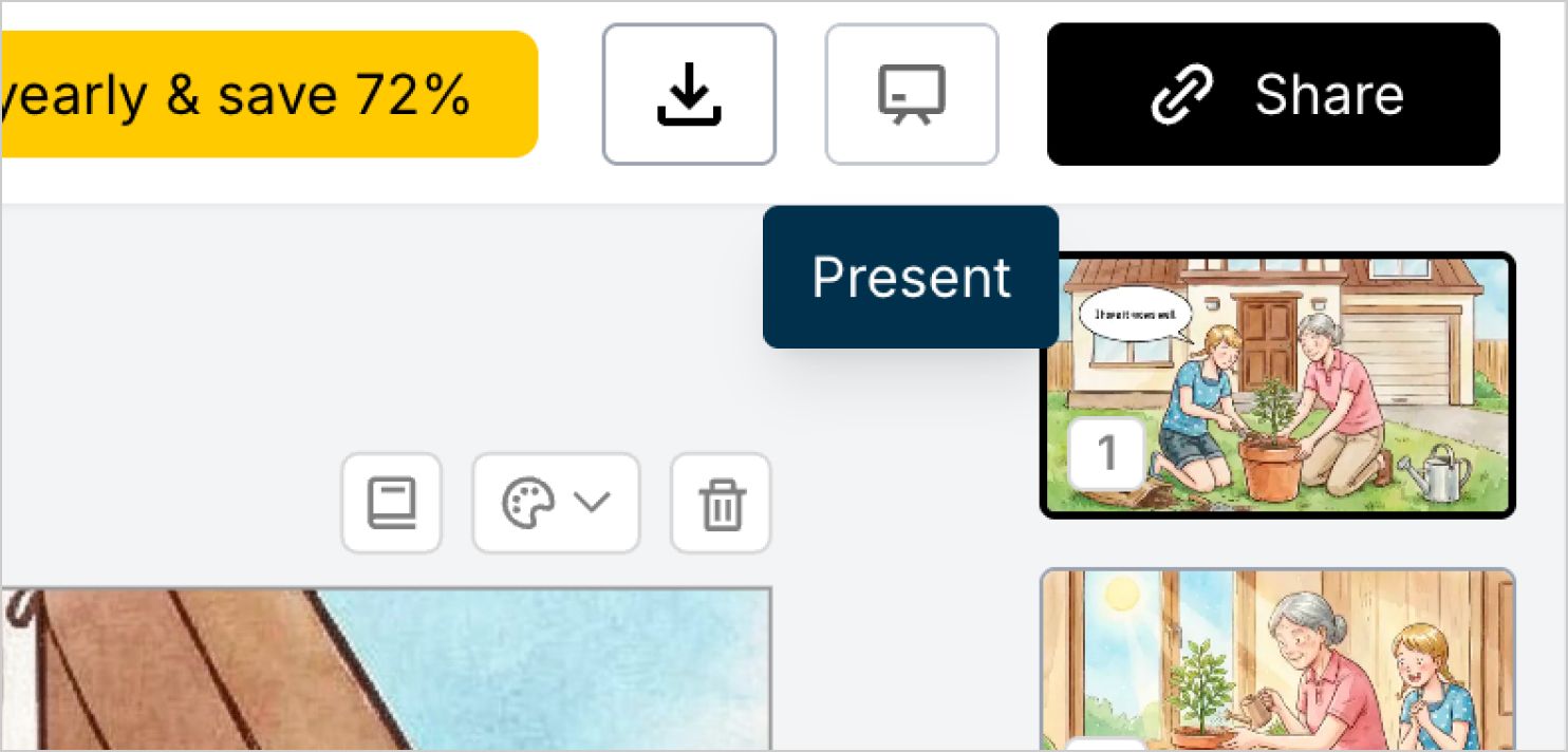 StoryTribe editor interface showing the Present button used to run a storyboard slideshow directly inside the app.