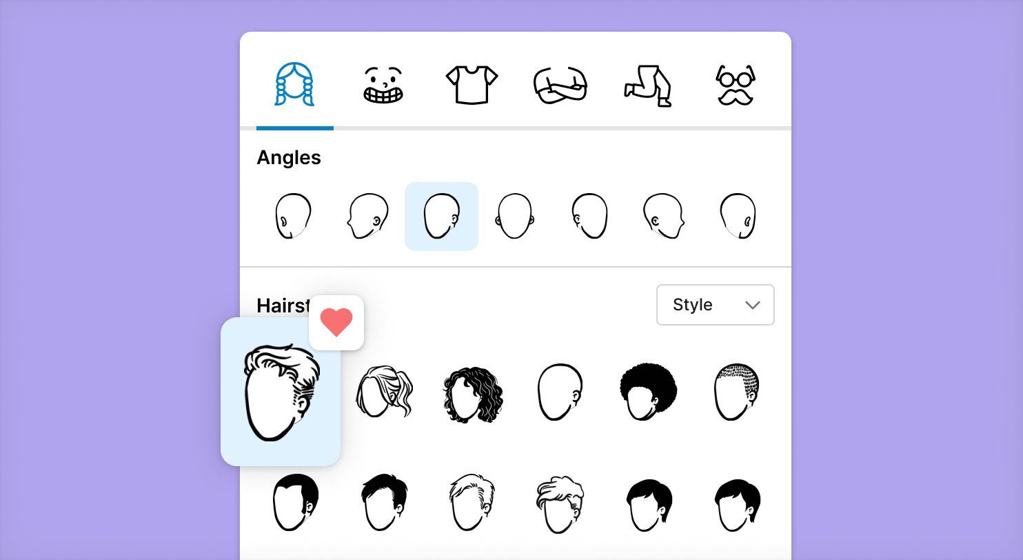 StoryTribe UI displaying character hairstyle options in a storyboard editor, with a hairstyle added to favourites