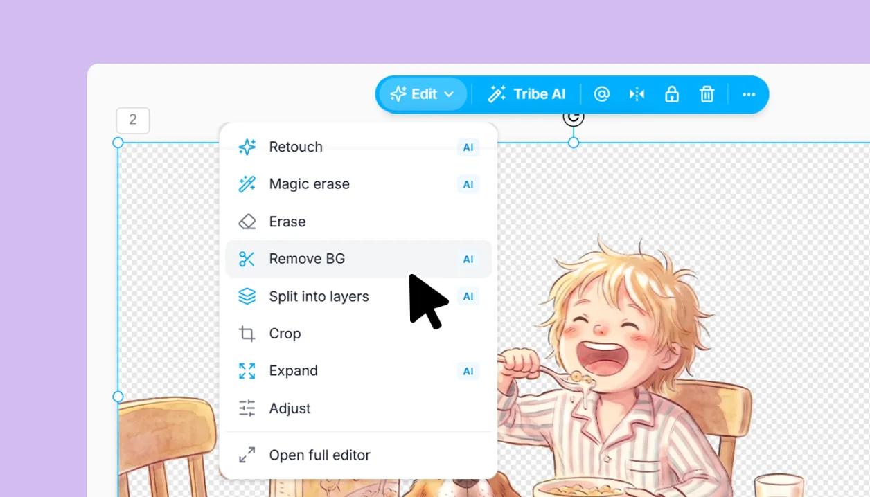 The Edit menu with Retouch, Magic erase, Remove BG, Split into layers and Expand