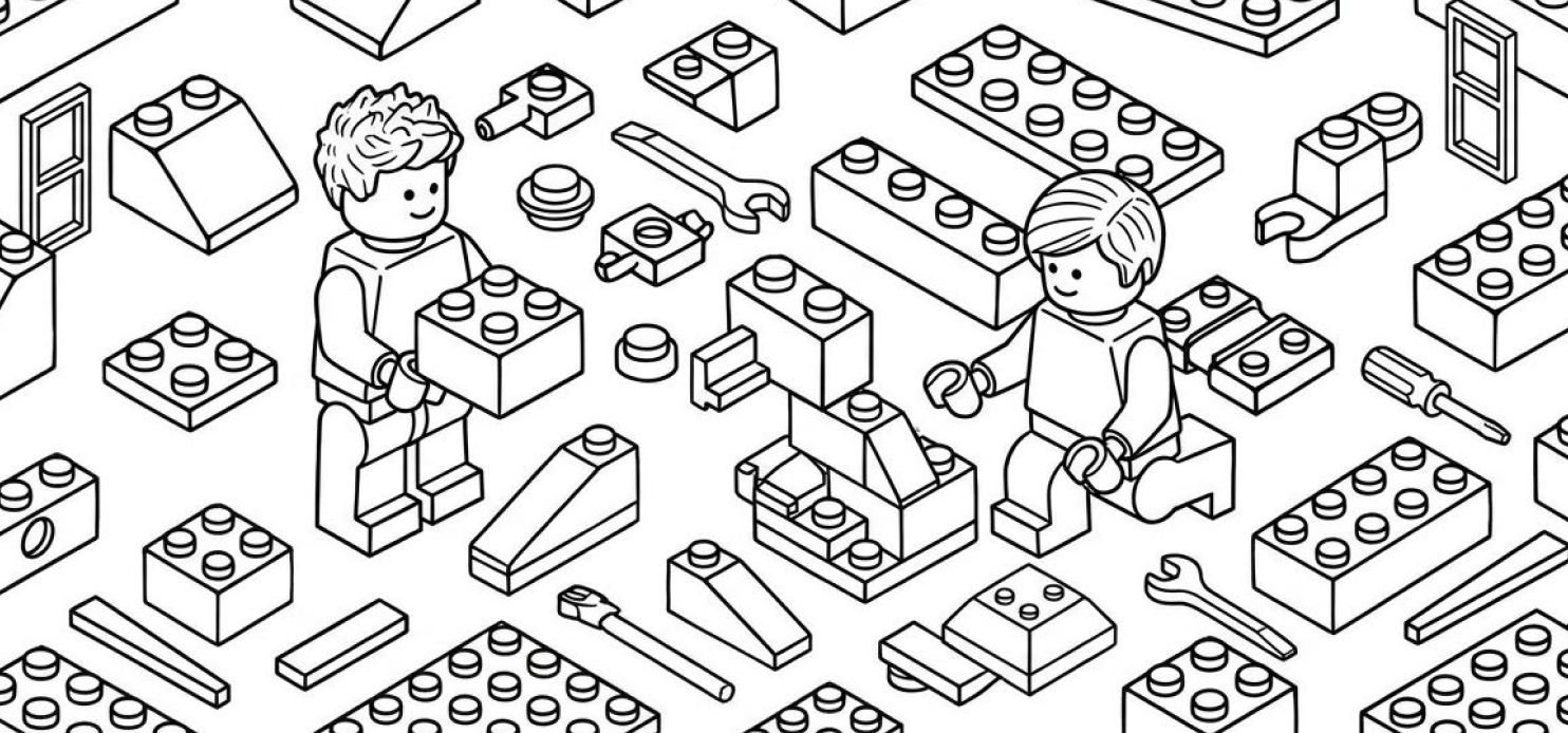 illustration of lego toy figures building with interlocking bricks