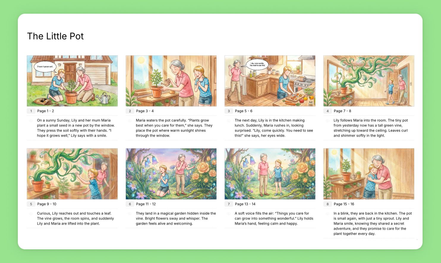 Storyboard overview showing multiple illustrated frames of a children’s story " The Little Pot ".