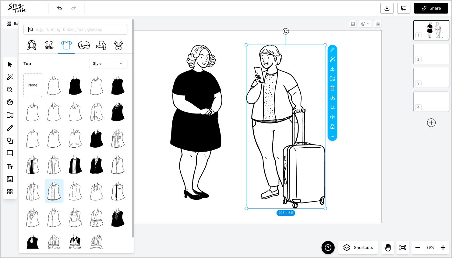 UI of Customising Plus-size characters in storytribe