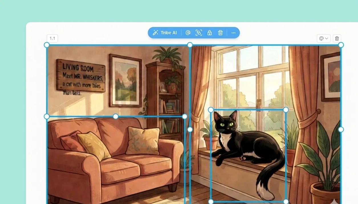A generated frame split into objects, each selectable on the canvas