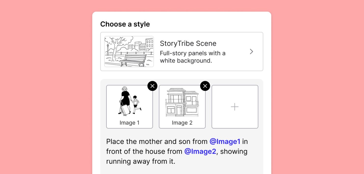 UI of Tribe AI with a prompt input box ,selected images, style selector, and Generate button.