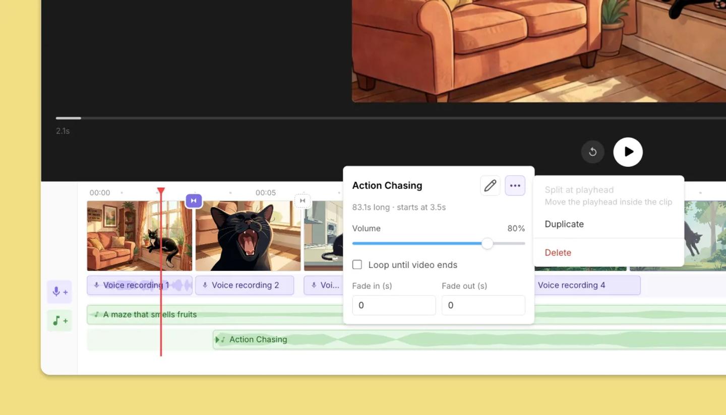 Music tracks on the Timeline, with a track's settings open