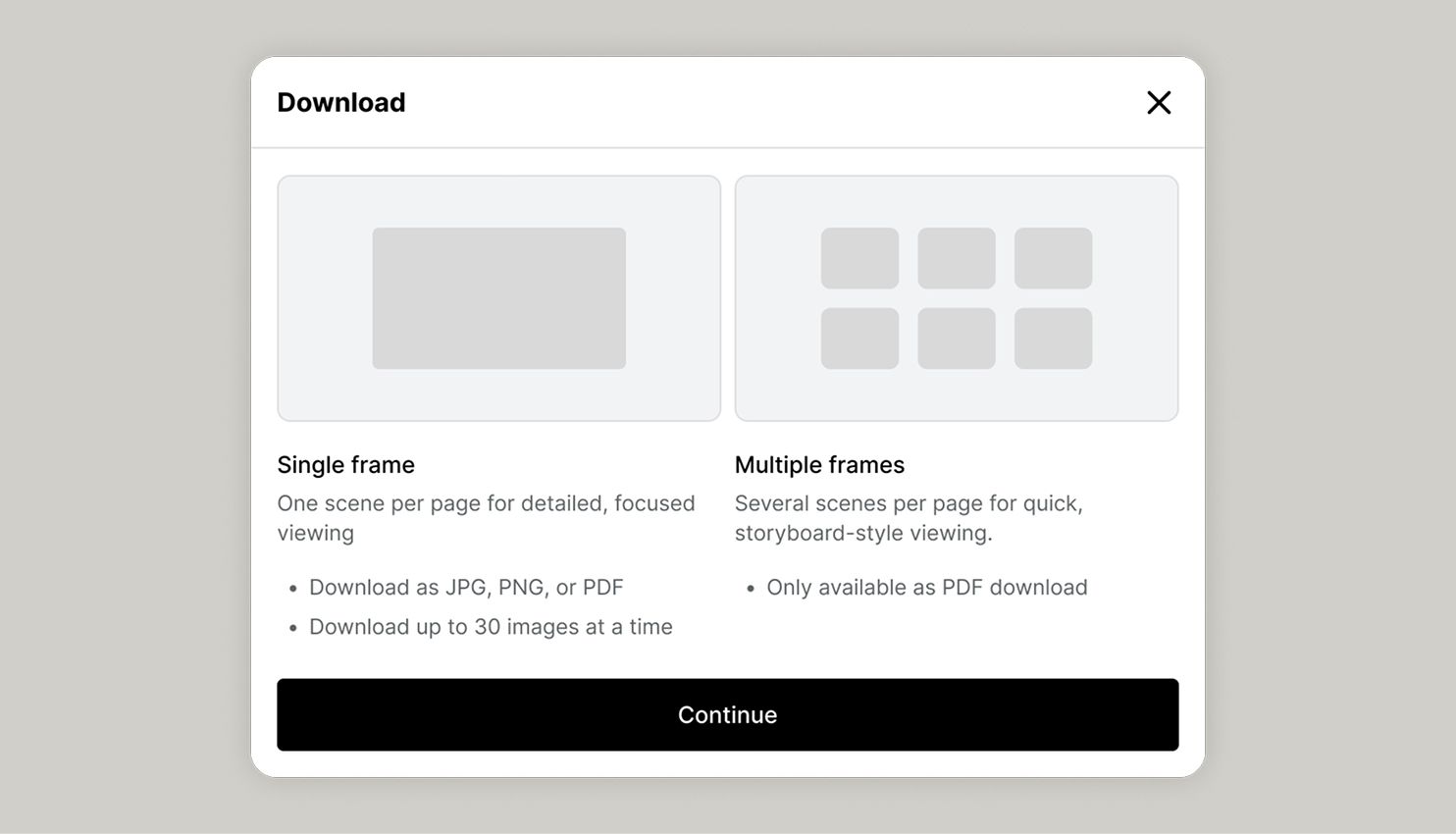 UI of downloading single and multiple frames 