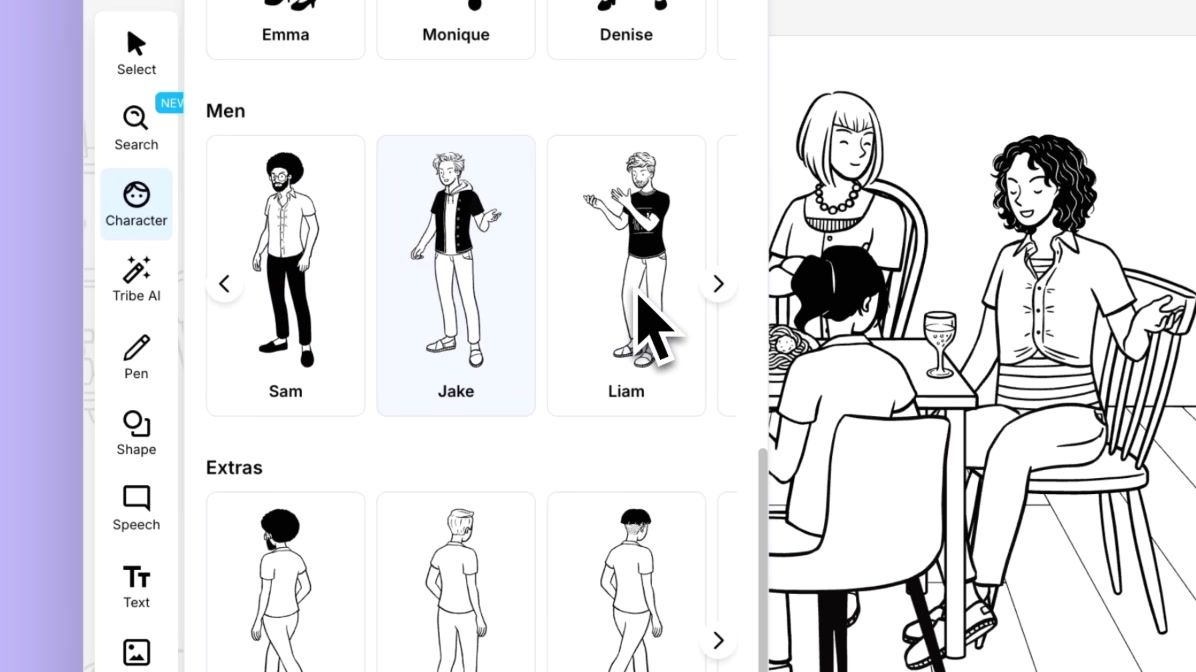The StoryTribe character picker with named characters, beside a scene of people at a table