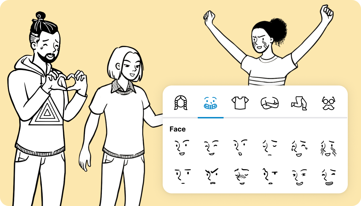 StoryTribe's character editor feature showing emotion options like happy, sad, and angry for a character.