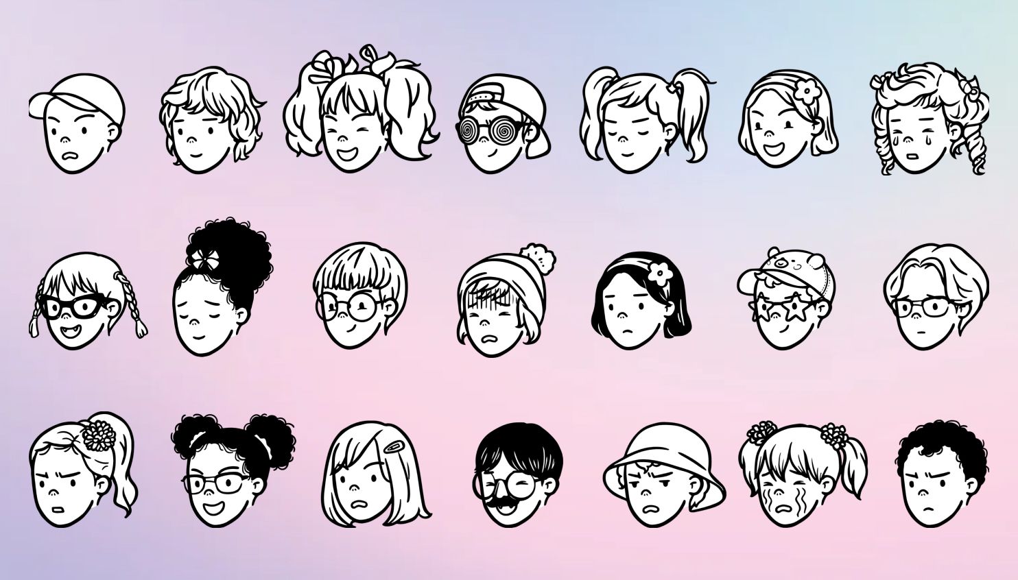 StoryTribe child character heads showing a variety of new hairstyles and accessories.